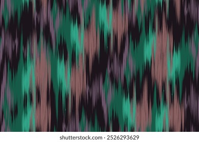 Vibrant Seamless Ikat Pattern in Green, Purple, and Brown Hues with Ethnic Tribal Abstract Design, Suitable for Textile Printing, Home Decor, Wallpaper, Fashion Fabrics, and Traditional Crafts