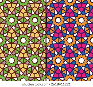 Um padrão geométrico islâmico contínuo vibrante com motivos de estrela e florais em verde, azul, amarelo e ouro. Perfeito para têxteis, papéis de parede, projetos arquitetônicos, impressões e fundos digitais.