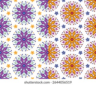 Vibrant seamless mandala pattern featuring intricate floral and geometric elements in bold pink orange blue and purple tone Ideal for textile prints wallpaper wrapping paper and decorative backgrounds