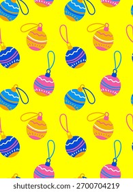 lebendiger nahtloser Neujahrshintergrund mit abstraktem festlichem Weihnachtsbaum Spielzeug helle Farben flache doodle Stil Design für Stoffverpackung Textil