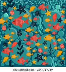 A vibrant seamless ocean pattern with a whale, jellyfish, colorful fish, and marine plants on a deep blue background. Ideal for kids’ products, swimwear, packaging, and educational materials.