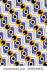 A vibrant, seamless Op Art pattern of purple rounded shapes and diagonally placed yellow squares