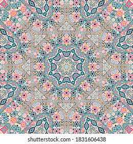 Perfecto ornamento sin fisuras con composición de elementos geométricos. Motivo étnico africano. Impresión de lienzo. Textura de elementos pequeños. Patrón kaleidoscopio vectorial.