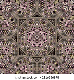 Vibrant seamless ornament with geometric elements composition. Graphic eastern motif. Fabric print. Small elements geometry. Vector collage pattern.