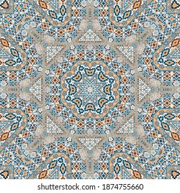 Vibrant seamless ornament of simple geometry shapes composition. Graphic oriental design. Fabric print. Small elements symmetry. Vector scrapbook pattern.