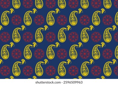 Vibrant seamless paisley and floral pattern with bold colors, ideal for fabric prints, wallpapers, and cultural decorative designs.