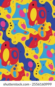 Vibrant seamless pattern of abstract multicolored spots. Ideal for backgrounds, textiles, and modern projects, the pattern adds a dynamic and visually appealing touch with varied hues and shapes.