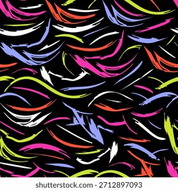 Vibrante patrón sin fisuras con pinceladas de neón abstracto en negro. Diseño de Vector de moda de los años 80,90 para moda, streetwear, activewear, textil, print, retro themes y proyectos dinámicos.