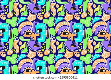 Vibrant seamless pattern with abstract, playful shapes and bold colors, evoking a sense of fun and creativity. Perfect for kids' apparel, playful branding, and designs that need an energetic touch