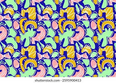 Vibrant seamless pattern with abstract, playful shapes and bold colors, evoking a sense of fun and creativity. Perfect for kids' apparel, playful branding, and designs that need an energetic touch