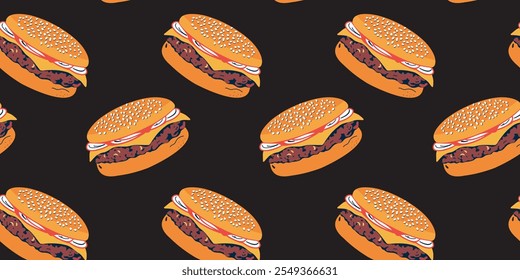 vibrant seamless pattern with appetizing burgers and juicy fillings