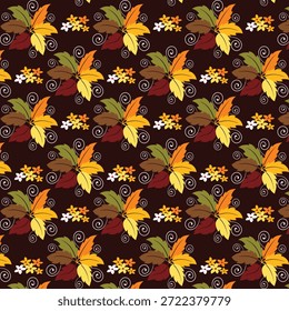 Patrón vibrante sin fisuras con hojas de otoño en naranja y amarillo, flores delicadas y remolinos blancos sobre un fondo oscuro. Perfecto para textiles de temporada, papel de regalo y decoración festiva