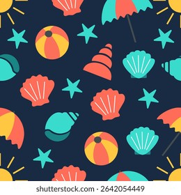 A vibrant seamless pattern with beach umbrellas, seashells, Beach ball and starfish in flat cartoon style. Perfect for summer-themed products, fabric, packaging, and digital on a dark backgrounds. 