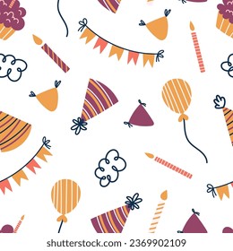 Vibrant Seamless Pattern with Birthday Celebration Items, Balloons, Hats, Garlands, Candles. Wrapping Paper, Textile or Wallpaper For Memorable Festive Party Experience. Cartoon Vector Illustration