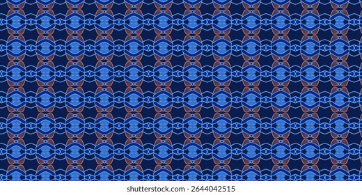 Vibrant seamless pattern in blue and brown, with abstract symmetrical elements evoking a futuristic and digital art style ideal for textile or web design projects.