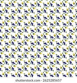 Um padrão contínuo vibrante com folhas azuis, amarelas e verdes em um fundo branco. Este design é ideal para têxteis, papéis de parede e outras aplicações decorativas, 