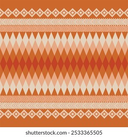 Vibrant seamless pattern with a bohemian vibe. The design features a repeating diamond pattern in warm, earthy tones.Perfect for textile, wallpaper, and graphic design projects.