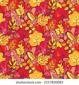 Padrão contínuo vibrante de folhas de outono brilhantes em estilo de desenho animado contorno. Perfeito para web design sazonal, materiais de impressão, têxteis e fundo