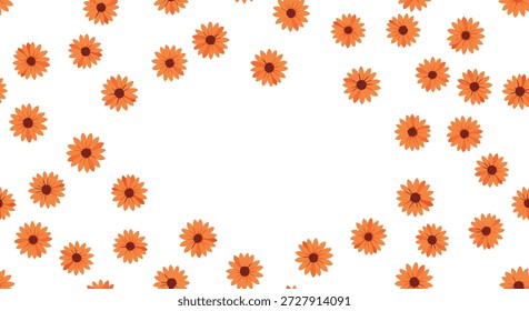 Padrão contínuo vibrante de flores laranjas brilhantes espalhadas aleatoriamente sobre um fundo branco nítido para um design floral fresco e ensolarado.