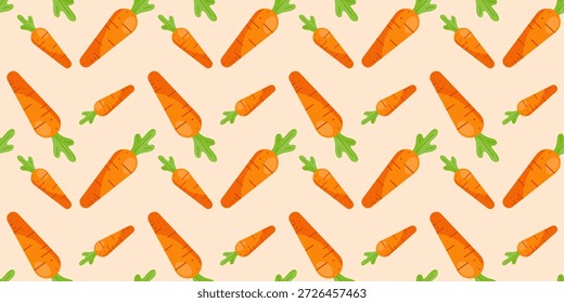 Padrão contínuo vibrante com cenoura no fundo laranja claro.  Padrão repetido com legumes. Estilo de desenho animado plano. Fundo para design, tecido, têxtil, decorações de cozinha, decoração, papel de embrulho. Ilustração vetorial.