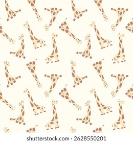  Vibrant seamless pattern of cartoon giraffes with unique designs arranged playfully across a light beige background.  Ideal for children's rooms, nursery decor, or creative projects.