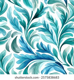 Vibrant seamless pattern with colorful blue botanical elements. Vector design elegant and eye-catching, flowing shapes and shades of blue dynamic and visually appealing texture. Watercolor background