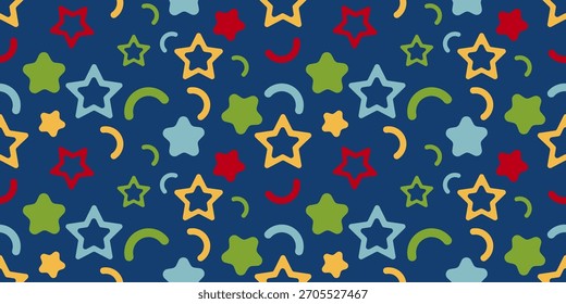 Vibrant seamless pattern with colorful confetti and cheerful stars on blue background. Perfect for party prints, festive textiles, wrapping paper, and celebration designs