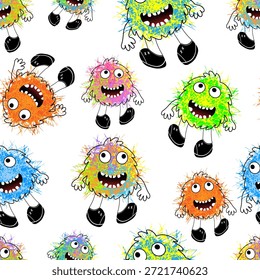 Vibrant seamless pattern with colorful fluffy monsters in doodle style. Bright hand drawn characters including blue, orange, green, and pink creatures on white background. Fun nursery wallpaper and textile print for kids fashion, blankets, and school accessories.