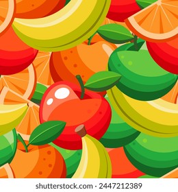 A vibrant, seamless pattern of colorful fruit illustrations