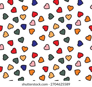 A vibrant, seamless pattern with colorful hearts on a white background, exuding a playful, cheerful vibe. Perfect for Valentine’s Day, fashion, or creative design projects.
