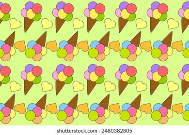 Vibrant seamless pattern with colorful ice cream cones and hearts. Ideal for summer-themed designs, textiles, and backgrounds.