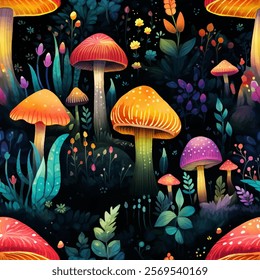 Vibrant seamless pattern of colorful mushroom landscape, a variety of mushrooms in vivid hues, nestled amongst moss and other woodland flora vector design. Magical garden or meadow environment