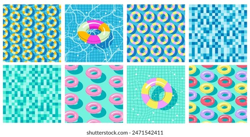 A vibrant seamless pattern of colorful pool floats on a bright swimming pool background. Bright and vibrant print with swim rings, water. Perfect for summer, beach themes, aquatic backgrounds