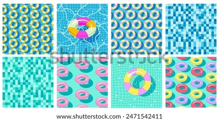 A vibrant seamless pattern of colorful pool floats on a bright swimming pool background. Bright and vibrant print with swim rings, water. Perfect for summer, beach themes, aquatic backgrounds