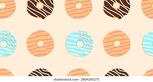 Vibrant seamless pattern with colorful striped and sprinkled donuts blue mint, pink strawberry, and chocolate options on a beige backdrop. Fun confectionery vector pattern for kid party decorations