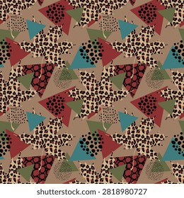 Vibrant seamless pattern combining retro Memphis geometric shapes with animal print background. Features bold triangles, abstract forms, and dots in teal, red, olive green, beige, and brown over a leopard and abstract texture base. The playful 80s inspired design is perfect for fashion fabric, streetwear, textile print, wallpaper, packaging, and creative background. 