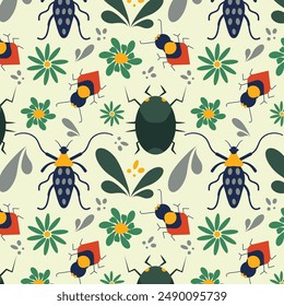 Vibrant seamless pattern with cute bugs beetles with floral nature