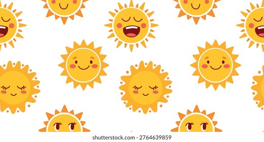 Vibrant seamless pattern with dense, joyful sun characters showing laughter and blushing cheeks. Ideal for children apparel, school supplies, and energetic nursery wallpaper.