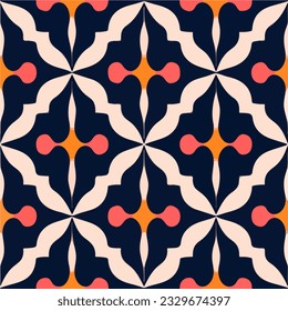 Vibrant seamless pattern design on a black backdrop, showcasing stylized geometric flowers in orange and pink hues, reminiscent of peppermint.