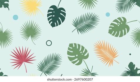 Padrão sem emenda vibrante com diversas folhas tropicais, incluindo monstera e frondes de palma, em um arranjo dinâmico, perfeito para fundos de verão.