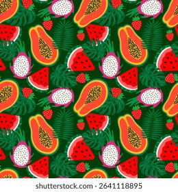 vibrant seamless pattern with exotic fruits like papaya, dragon fruit, watermelon, strawberry and monstera leaves on dark green background for summer design