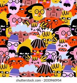 vibrant seamless pattern - faces of mixed-race people.Diversity of people - young,old,children,non-binary,lgbt.80s psychedelic bizarre style.Template for printing paper and fabric