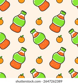 A vibrant seamless pattern features orange juice bottles and oranges against a soft beige background, perfect for refreshing designs.