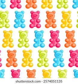 vibrant seamless pattern features rainbow-colored jelly bears arranged diagonally. The playful design showcases a mix of cheerful hues, creating a fun and lively aesthetic perfect for festive decor.