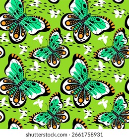 vibrant, seamless pattern features stylized green, black and orange butterflies with white accents, set against a bright yellow background dotted with white spots.