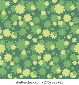 A vibrant seamless pattern features stylized flowers and leaves in light and dark green tones. Scattered white specks add subtle detail across the rich green background.