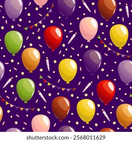 A vibrant seamless pattern featuring 3D vector festive balloons, colorful candies, and lit candles. Perfect for birthday designs, party decorations, wrapping paper, and celebratory projects.