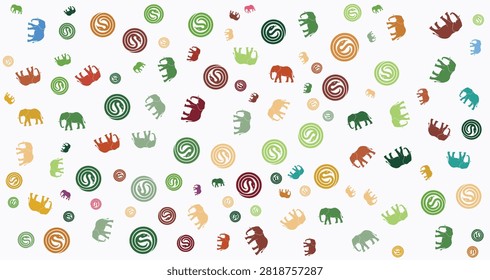 Vibrant seamless pattern featuring animal silhouettes spirals and abstract elements in lively colors suitable for creative backgrounds and design uses