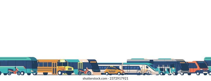 Vibrant Seamless Pattern Featuring Array Of Public Transport, Buses, Trains, Taxi And Trams. Repeated Design, Border