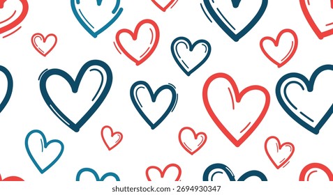 A vibrant seamless pattern featuring an array of hand-drawn hearts in red and blue outlines, scattered charmingly across a white background.